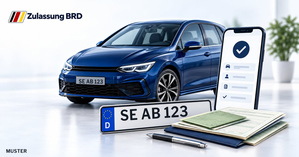 Online Fahrzeugzulassung in Landkreis Segeberg: Musterkennzeichen SE AB 123, Auto und Fahrzeugpapiere und Smartphone. Illustration mit Logo von Zulassung BRD.